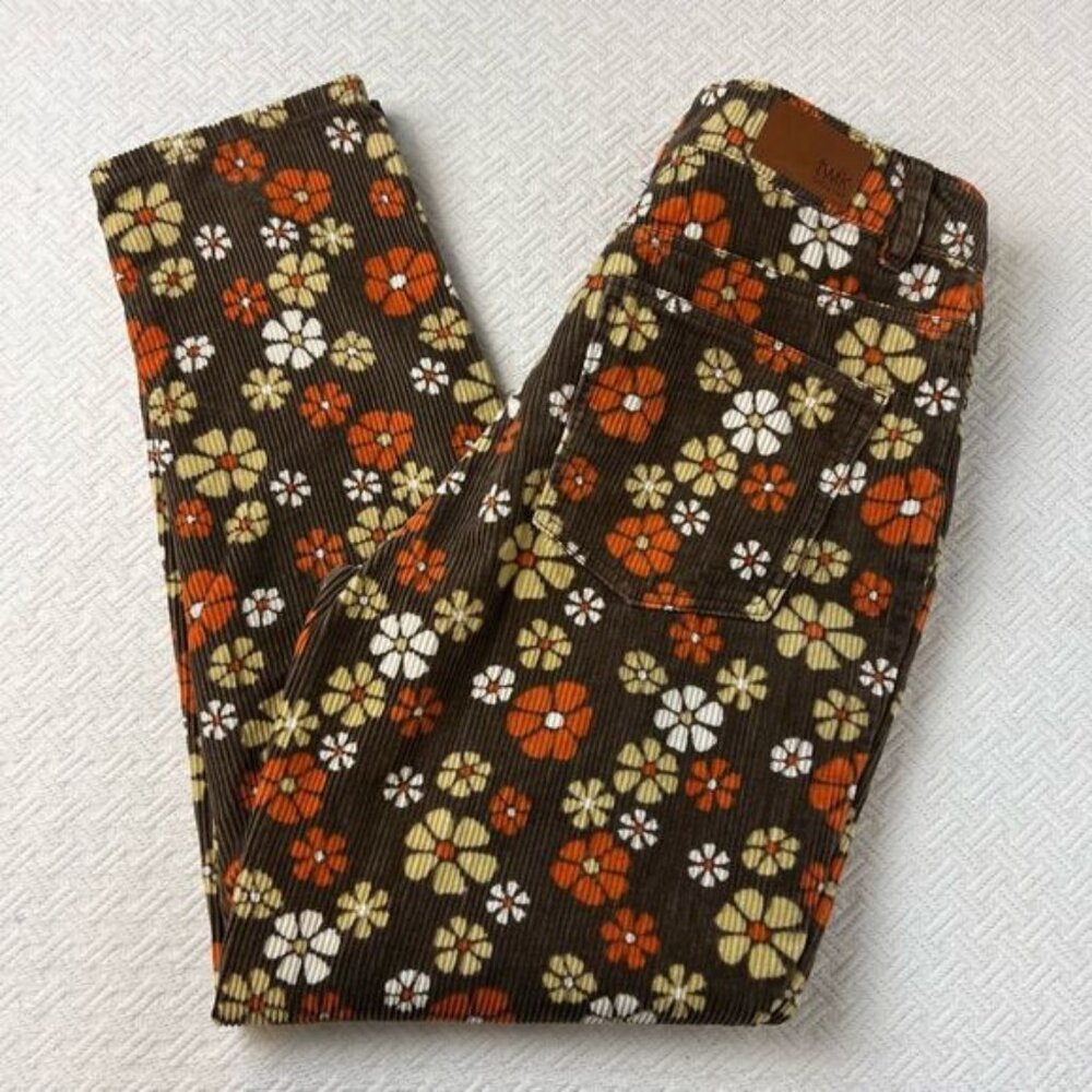 Twik Floral Corduroy Cropped Pants - Brown, Orange, White